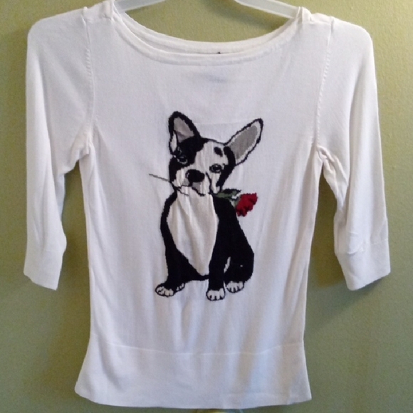 White House Black Market Tops - Womans XS White House Black Market Black and White Dog With Rose Long Sleeve Tee